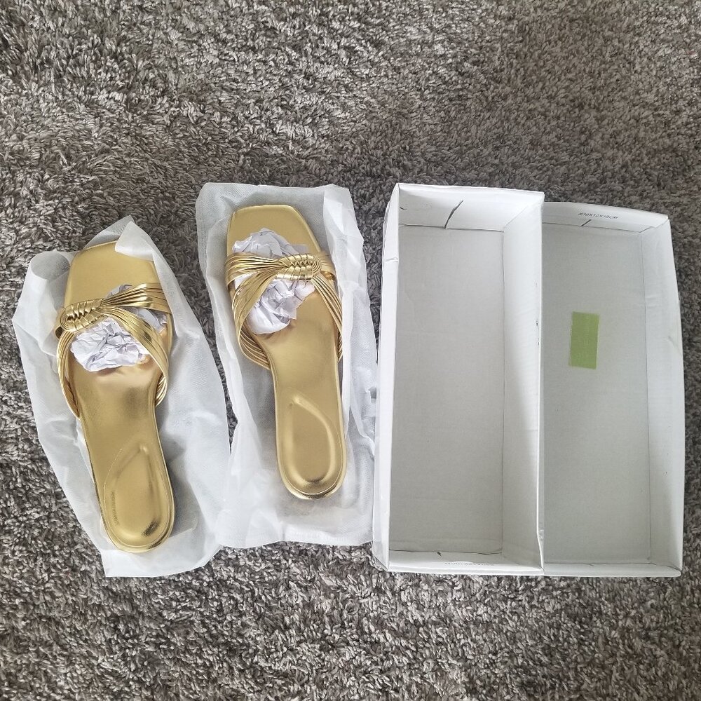 New in Box Gold Slide Sandals, 1" Heel, Size 9